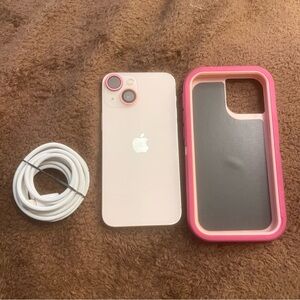 Apple iPhone 13 mini with Pink case and White cable